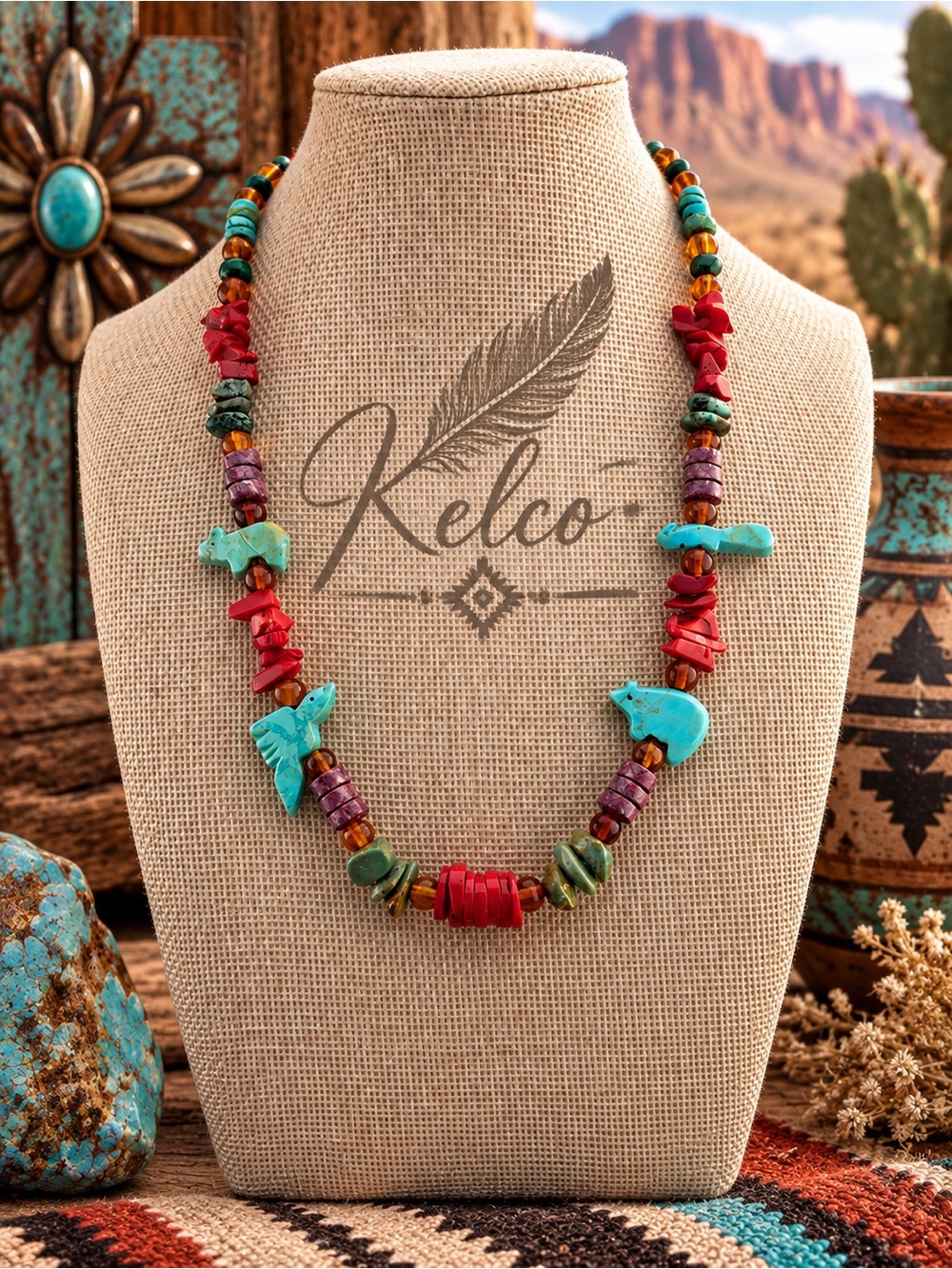 Fetish Navajo Style 18” Necklace w/ Sterling conical cones